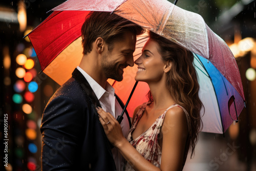 Happy couple sharing a spontaneous kiss under a colorful umbrella in the rain. Generative Ai.