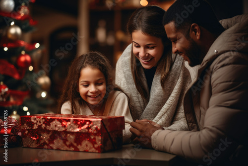 Family's joyful reactions as they open surprise gifts during the holidays. Generative Ai.