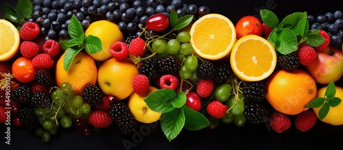 Colorful background of fresh fruits Natural nutrition with healthy vitamins © 2rogan