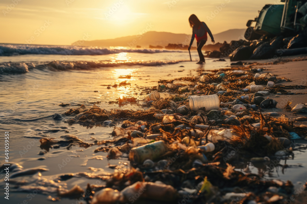 Naklejka premium A person's hand collecting plastic waste on a polluted beach, illustrating ocean pollution. Generative Ai.