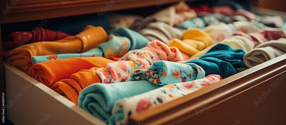 A close up of a drawer filled with folded children s clothes stored in a wardrobe with nobody in sight