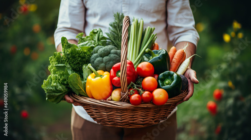 A delighted young farmer holds a basket of fresh vegetables in a natural setting, symbolizing organic, eco-friendly, homegrown, and vegetarian ideals