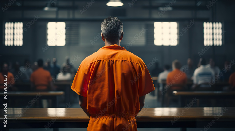 A criminal with a menacing demeanor dressed in an orange jumpsuit typically worn in jail A criminal with a menacing demeanor dressed in an orange jumpsuit typically worn in jail