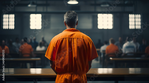 A criminal with a menacing demeanor dressed in an orange jumpsuit typically worn in jail photo