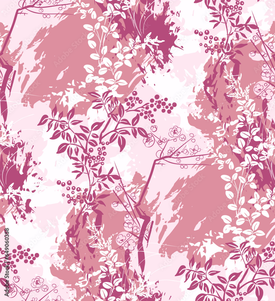 garden tree japanese chinese traditional vector illustration card background seamless pattern colorful watercolor ink textured