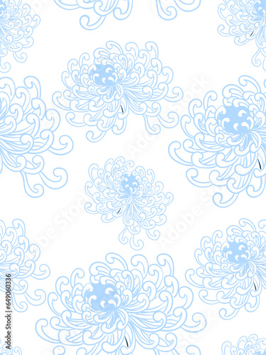 chrysanthemum blue white japanese chinese traditional vector illustration card background seamless pattern colorful watercolor ink textured