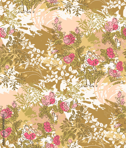 rose hip japanese chinese traditional vector illustration card background seamless pattern colorful watercolor ink textured