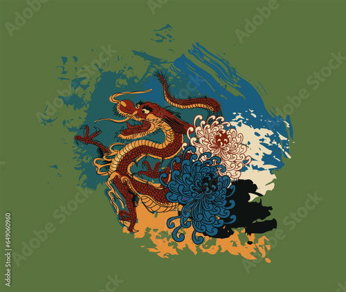 dragon chrysanthemum japanese chinese traditional vector illustration card background colorful watercolor ink textured korean