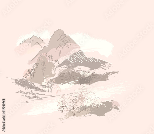 landscape mountains pastel japanese chinese traditional vector illustration card background colorful watercolor ink textured korean