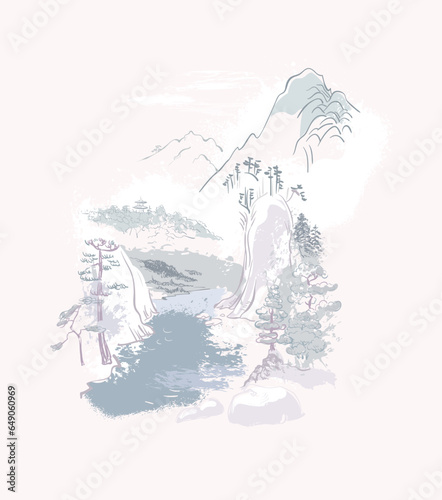landscape mountains pastel japanese chinese traditional vector illustration card background colorful watercolor ink textured korean