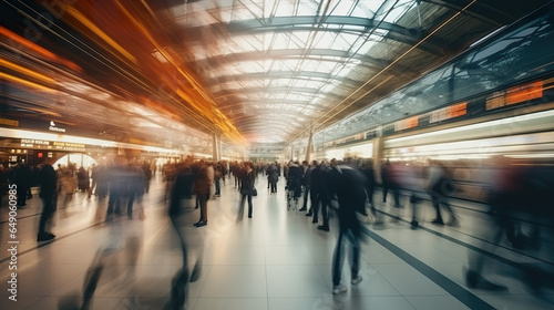 A bustling airport terminal filled with hurried travelers, reminiscent of a busy train station depot