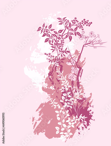 pink branches floral pastel japanese chinese traditional vector illustration card background colorful watercolor ink textured korean