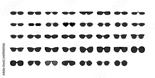 Set of Sunglasses with black lenses. Different styles of glasses - Rectangular Pilot, Round, Square, Cat Eye, Pantos, fashion accessory Browline, Clubmaster, Oversize, illustration Geometric Sport Bug