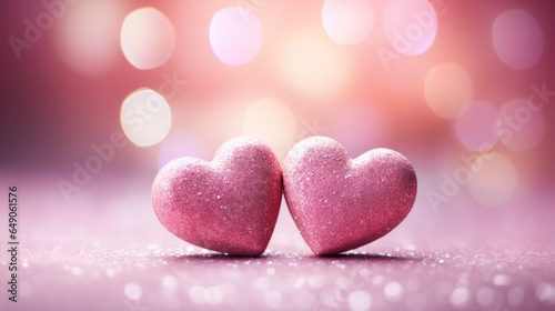 Two hearts on pink glitter background, Valentine's day concept.