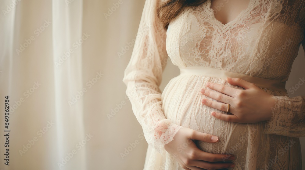 Pregnant woman in dress holds hands on belly. Close up cropped of pregnant woman in dress touching caressing belly, expecting first baby. generative AI  - obrazy, fototapety, plakaty 
