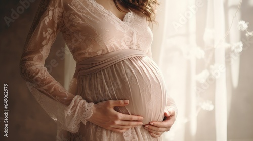 Pregnant woman in dress holds hands on belly. Close up cropped of pregnant woman in dress touching caressing belly, expecting first baby. generative AI 