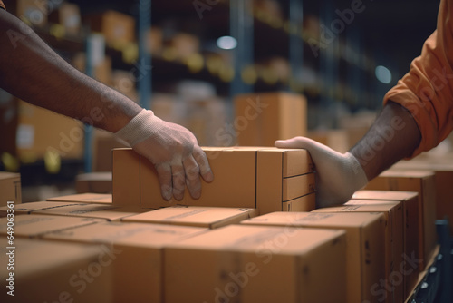 closeup on hands of workers moving cardboard boxes in a warehouse or delivery center of an online ecommerce store, ready for shipping and delivery in a big storehouse