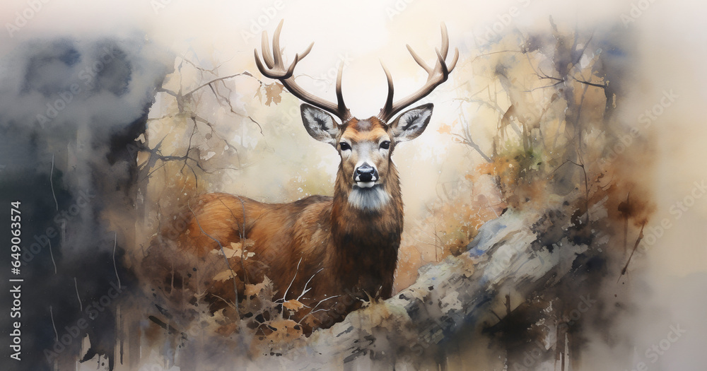 Φωτογραφία Hunter's Delight, Male Buck with Antlers in Rut Season Watercolor Poster, Print