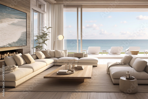 Spacious beachfront room interior beautiful bright contemporary living room with a stylish furniture and designer chairs sea view sitting room with large window overlooking the horizon