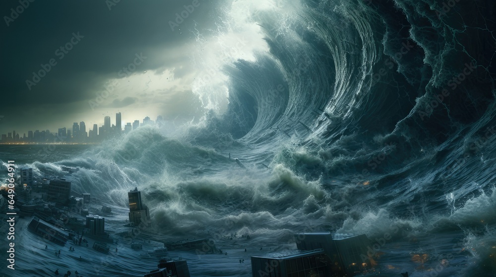 Poster giant tsunami tidal wave destroying a city. generative AI β Wall ...