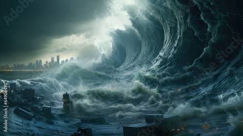 giant tsunami tidal wave destroying a city. generative AI 