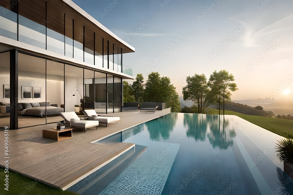 a swimming pool in front of a modern house