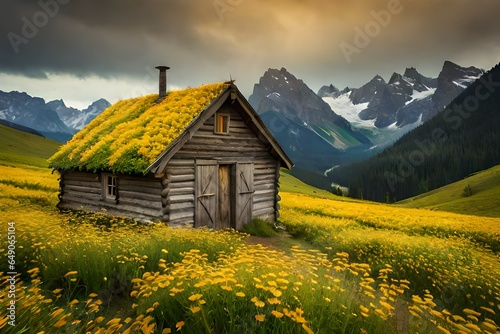 A house surrounded by sunflowers in a field of sunflowers