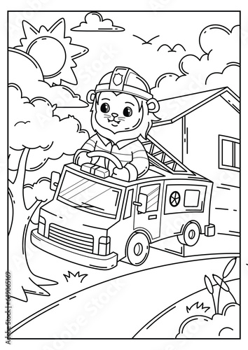 Vector hand drawn doodle coloring book cute lion being a firefighter driving a fire truck