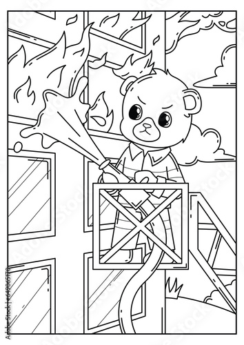 Vector hand drawn doodle coloring book cute bear being a firefighter is putting out a fire