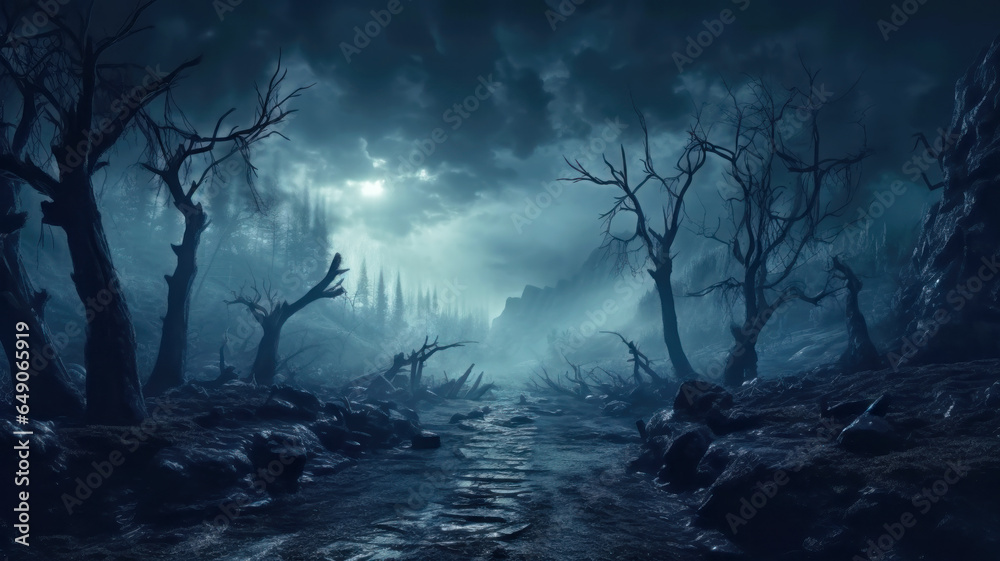 Scary dark wood, spooky dry trees and blue mist in mystic fairy forest - obrazy, fototapety, plakaty 