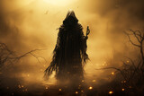 Reaper or dark grim angel walks in yellow mist in forest on Halloween