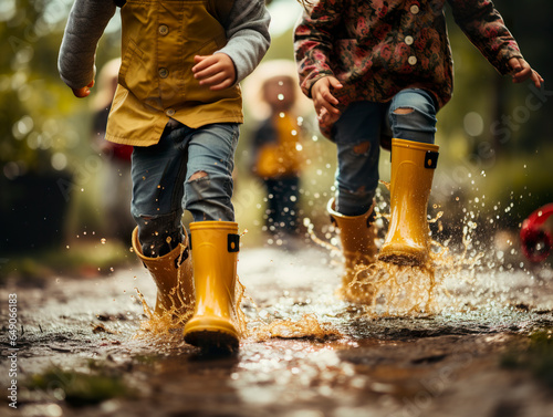 A group of children enjoy the fun without caring about the weather. A rainy summer day children play wearing yellow boots under gentle summer rain.