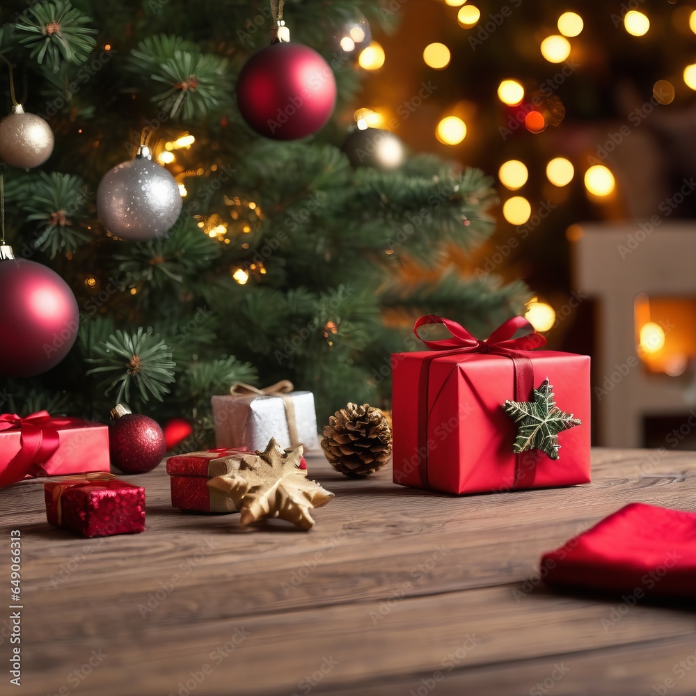 Christmas Decoration With Wooden Table, Christmas Tree, Christmas