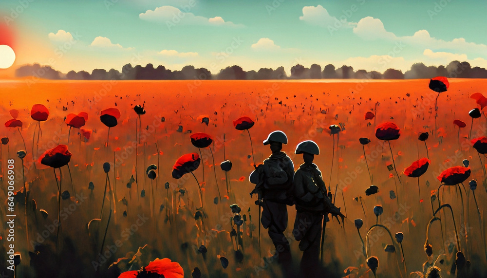 Εκτύπωση καμβά The silhouettes of soldier standing in a field of red poppies honouring our Canadian Veterans and Service Members on Remembrance Day, November 11