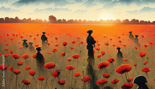 The silhouettes of soldier standing in a field of red poppies honouring our Canadian Veterans and Service Members on Remembrance Day  November 11.