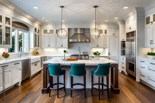 The gourmet kitchen features white shaker cabinets with marble countertops paired with a stone subway tile backsplash and a stainless steel hood over an eight burner gas range. Modern kitchen room.
