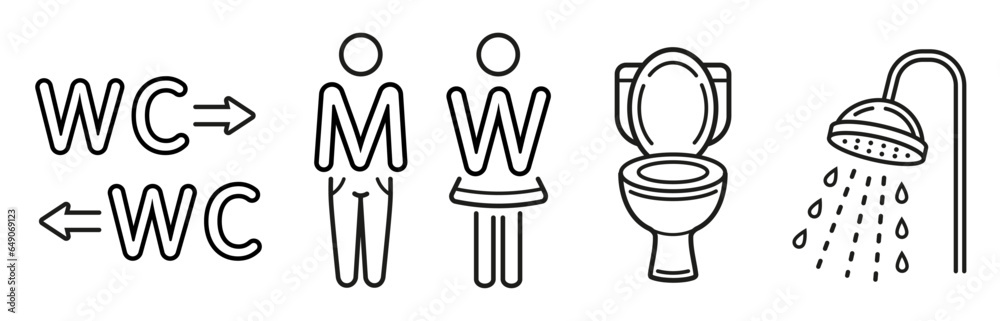 Public toilet, man and woman restroom, WC room arrow, lavatory pan, water shower head line icon set. Male and female washroom direction, bathroom. Boy and girl figure. Hygiene wash body care. Vector Public toilet, man and woman restroom, WC room arrow, lavatory pan, water shower head line icon set. Male and female washroom direction, bathroom. Boy and girl figure. Hygiene wash body care. Vector
