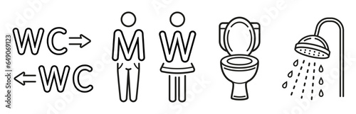 Public toilet, man and woman restroom, WC room arrow, lavatory pan, water shower head line icon set.  Male and female washroom direction, bathroom. Boy and girl figure. Hygiene wash body care. Vector 
