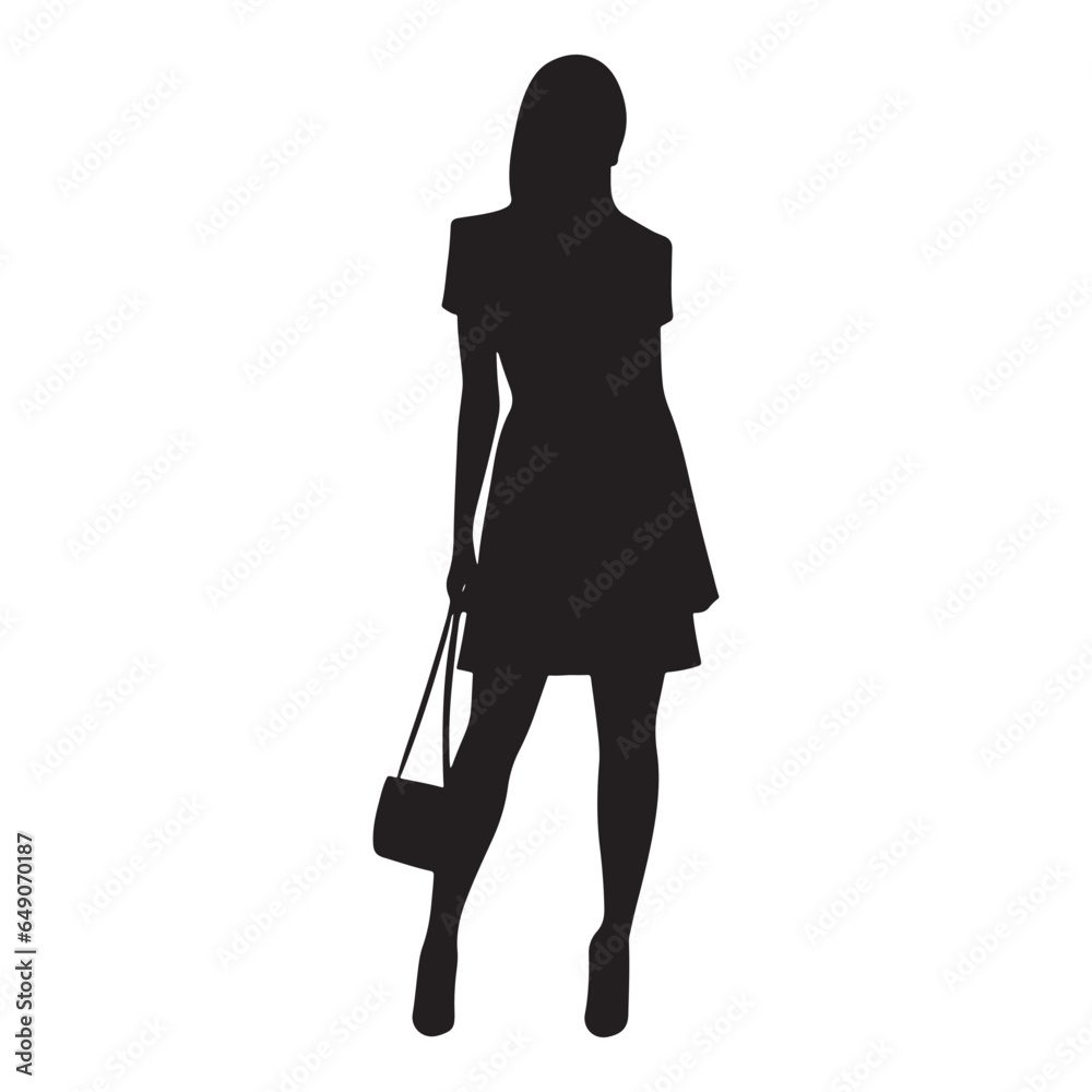 Vector Silhouette of a Standing Woman with Long Legs and a Handbag, Dressed in a Summer Dress and High Heels, Figure of a Young Girl, Sexy Profile, Black Color, Isolated on a White Background. Vector Silhouette of a Standing Woman with Long Legs and a Handbag, Dressed in a Summer Dress and High Heels, Figure of a Young Girl, Sexy Profile, Black Color, Isolated on a White Background.