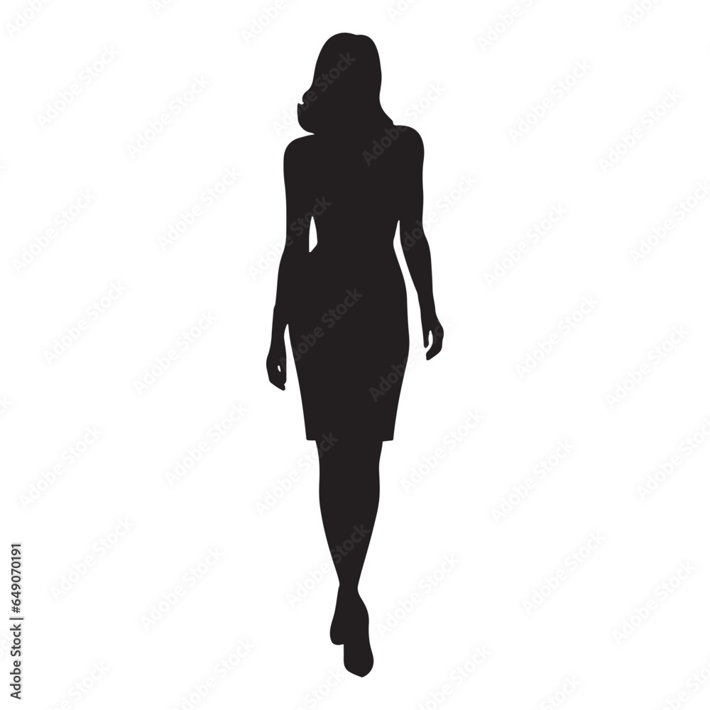 Vector Silhouette of a Standing Woman with Long Legs, Dressed in an Office Dress and High Heels, Figure of a Young Girl, Sexy Profile, Black Color, Isolated on a White Background.