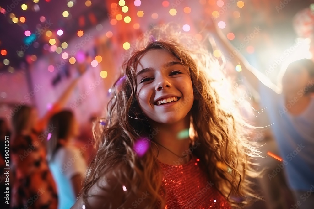 Portrait of smiling young girl dancing with confetti at party in nightclub Portrait of smiling young girl dancing with confetti at party in nightclub