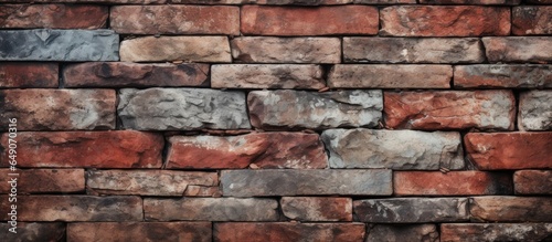 Closeup of the aged texture of red stone blocks on an old brick wall