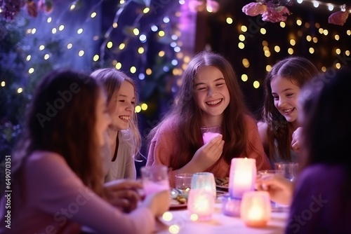 Group of friends sitting at table and talking during birthday party in evening