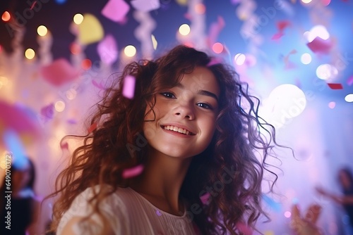 Portrait of a beautiful young woman with flying confetti in the background.