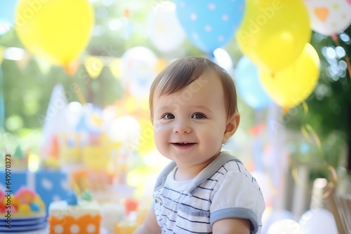 Adorable baby boy with birthday cake on blurred background, closeup