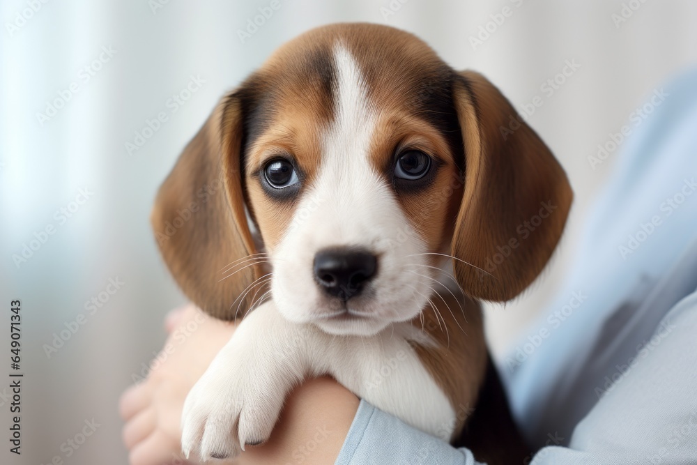 Cute puppy in the hands of a veterinarian. Pet portrait with selective focus