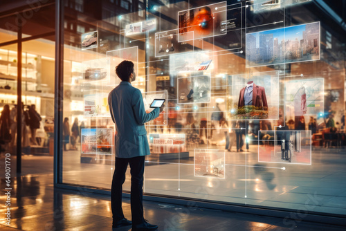 A digital Transformation: Integration between technology and business, with elements like an augmented reality overlays on physical products.