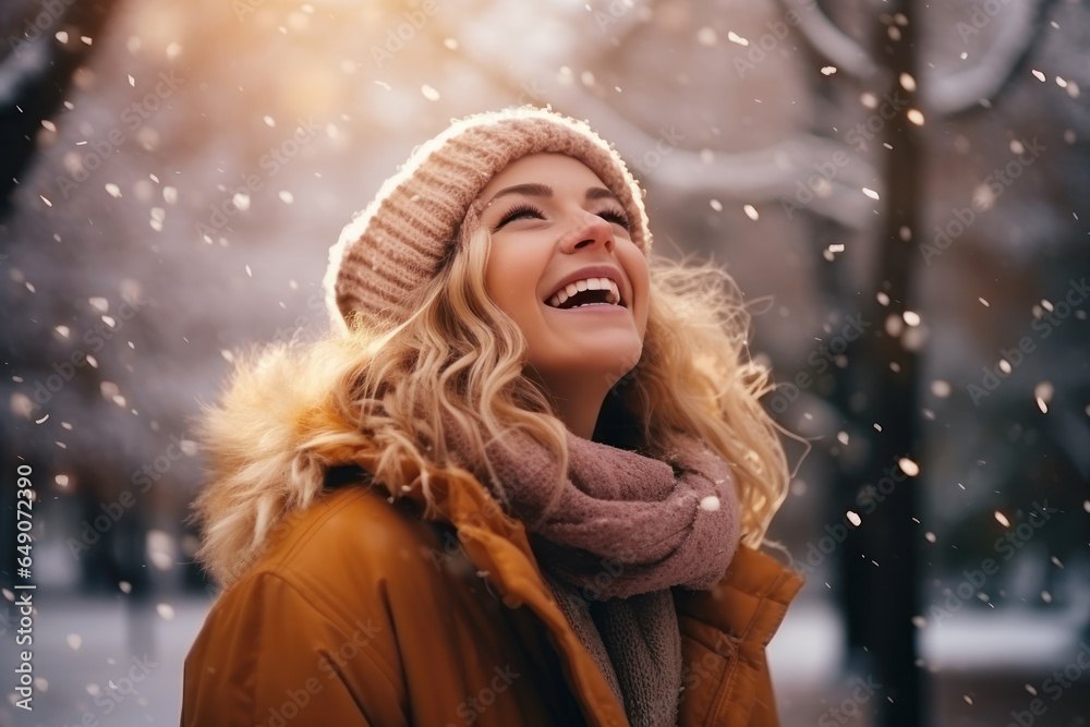 Happy blond girl smile enjoys snowy winter, christmas holiday