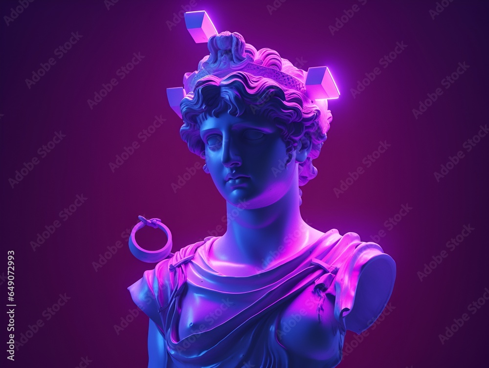 ancient Roman or Greek statues in a virtual cyberpunk metaverse in neon ...