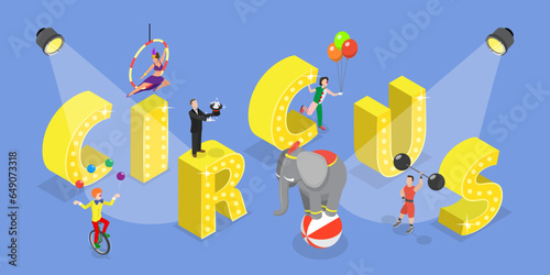 3D Isometric Flat Vector Set of Circus, Entertainment with Wild Animals and Acrobat Performing